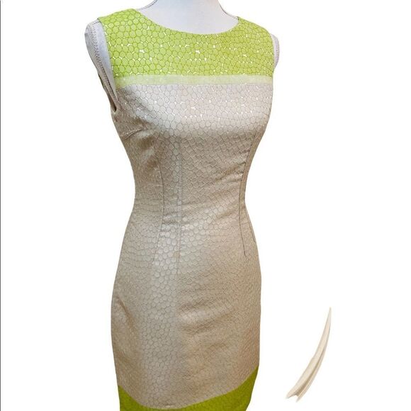 Eli Tahari sleeveless sheath fitted dress colorblock texture back exposed zipper - Picture 3 of 12